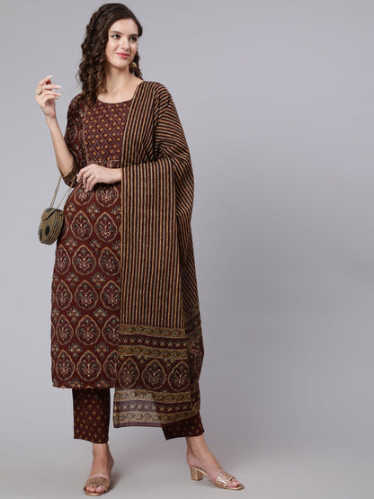 Women Brown Printed Flared Kurta With Trouser With Dupatta | LASVINI - Redefining Indian Fashion with Elegance