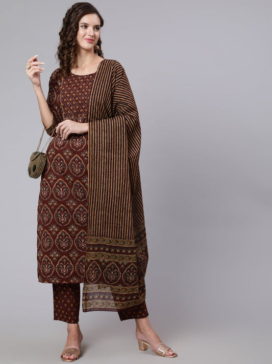 Women Brown Printed Flared Kurta With Trouser With Dupatta | LASVINI - Redefining Indian Fashion with Elegance