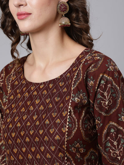 Women Brown Printed Flared Kurta With Trouser With Dupatta | LASVINI - Redefining Indian Fashion with Elegance