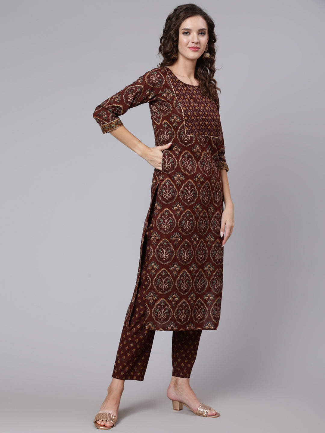 Women Brown Printed Flared Kurta With Trouser With Dupatta | LASVINI - Redefining Indian Fashion with Elegance
