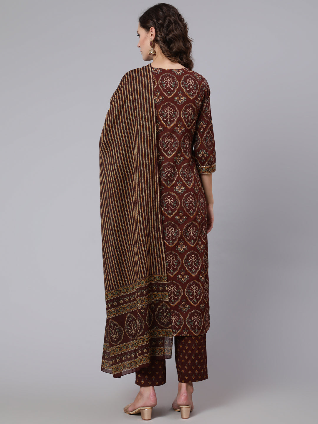 Women Brown Printed Flared Kurta With Trouser With Dupatta | LASVINI - Redefining Indian Fashion with Elegance