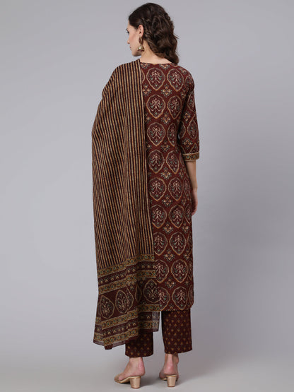 Women Brown Printed Flared Kurta With Trouser With Dupatta | LASVINI - Redefining Indian Fashion with Elegance