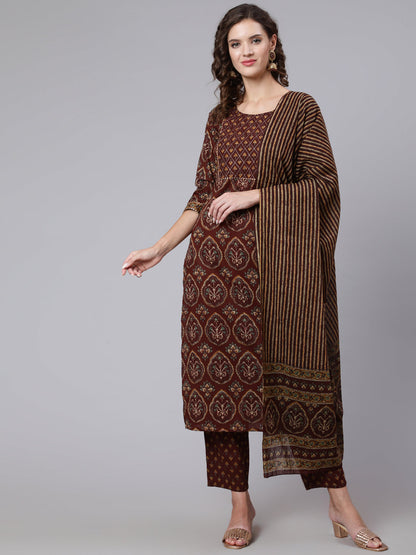Women Brown Printed Flared Kurta With Trouser With Dupatta | LASVINI - Redefining Indian Fashion with Elegance