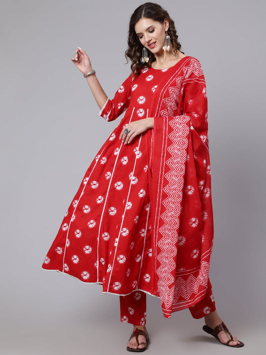 Women Red Dyed Printed Kurta And Trouser With Dupatta | LASVINI - Redefining Indian Fashion with Elegance