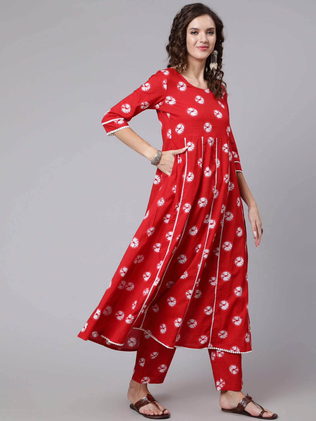 Women Red Dyed Printed Kurta And Trouser With Dupatta | LASVINI - Redefining Indian Fashion with Elegance
