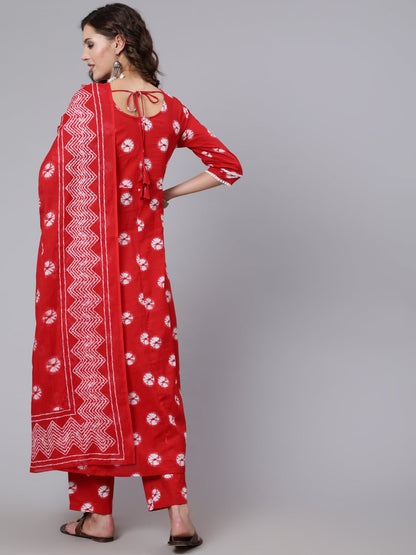 Women Red Dyed Printed Kurta And Trouser With Dupatta | LASVINI - Redefining Indian Fashion with Elegance