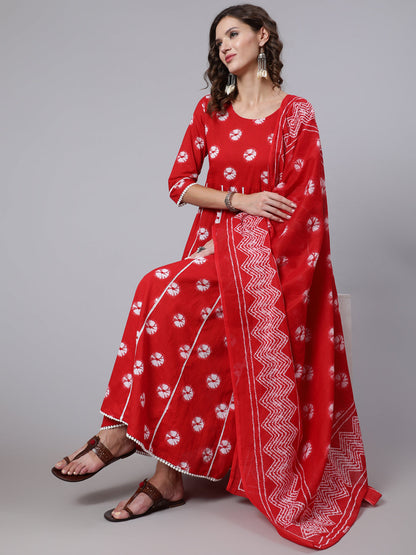 Women Red Dyed Printed Kurta And Trouser With Dupatta | LASVINI - Redefining Indian Fashion with Elegance