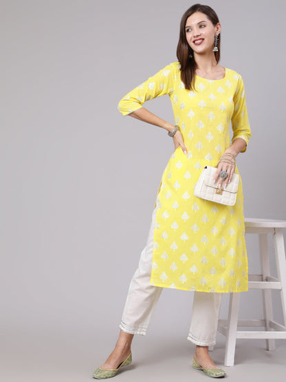 Women Yellow Printed Straight Kurta With Solid White Palazzo | LASVINI - Redefining Indian Fashion with Elegance