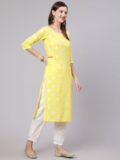 Women Yellow Printed Straight Kurta With Solid White Palazzo | LASVINI - Redefining Indian Fashion with Elegance