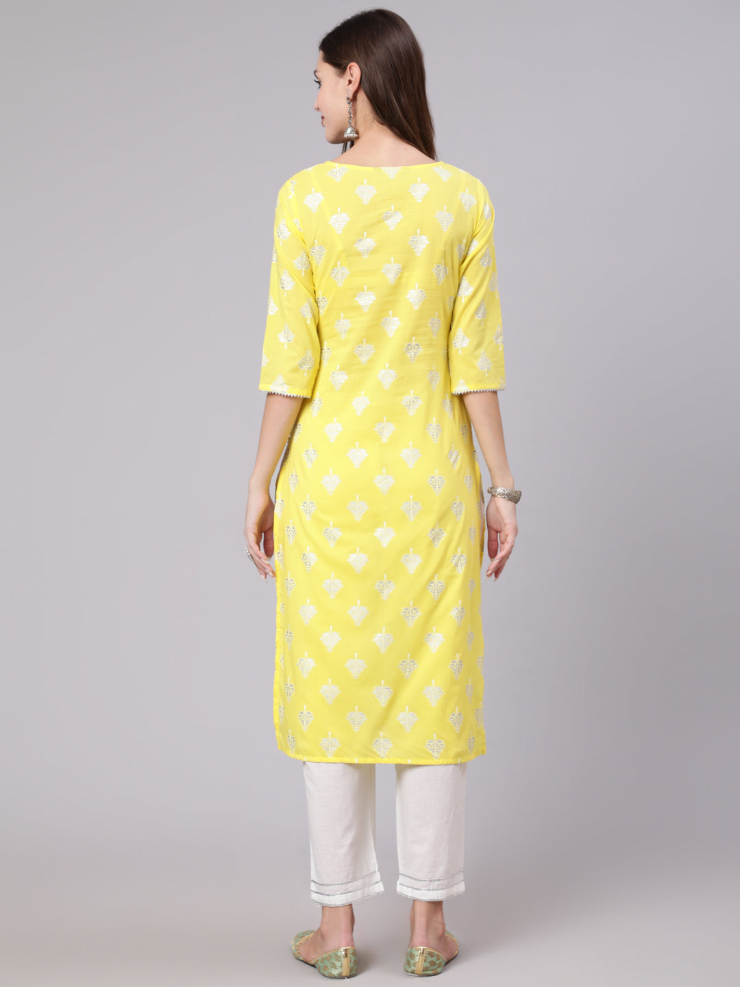 Women Yellow Printed Straight Kurta With Solid White Palazzo | LASVINI - Redefining Indian Fashion with Elegance