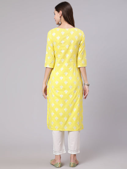 Women Yellow Printed Straight Kurta With Solid White Palazzo | LASVINI - Redefining Indian Fashion with Elegance