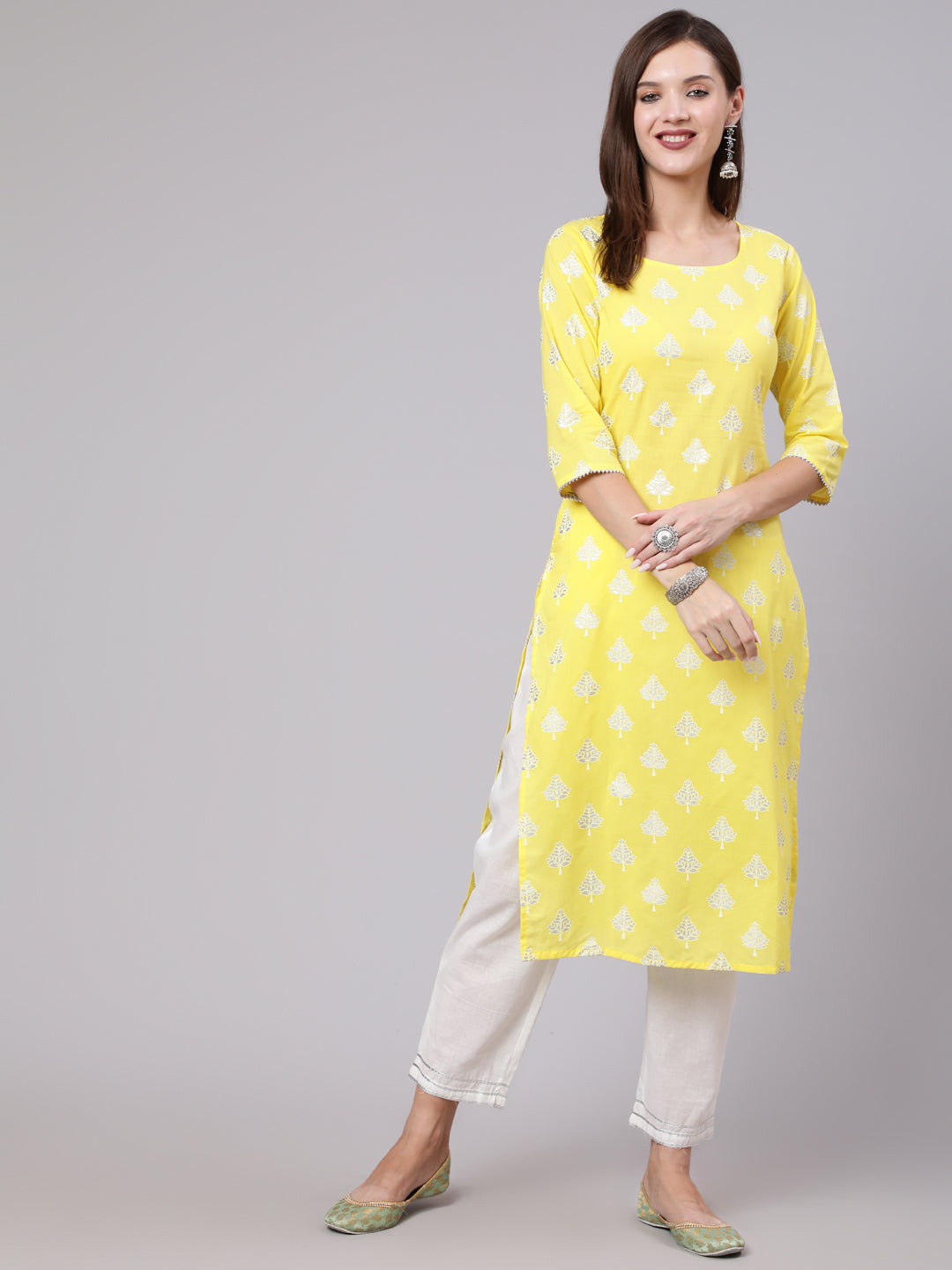 Women Yellow Printed Straight Kurta With Solid White Palazzo | LASVINI - Redefining Indian Fashion with Elegance