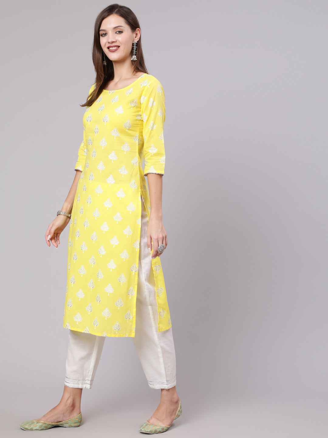 Women Yellow Printed Straight Kurta With Solid White Palazzo | LASVINI - Redefining Indian Fashion with Elegance