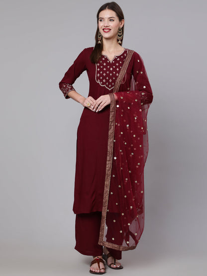 Women Burgundy Embroidered Kurta With Palazzo &  Dupatta | LASVINI - Redefining Indian Fashion with Elegance