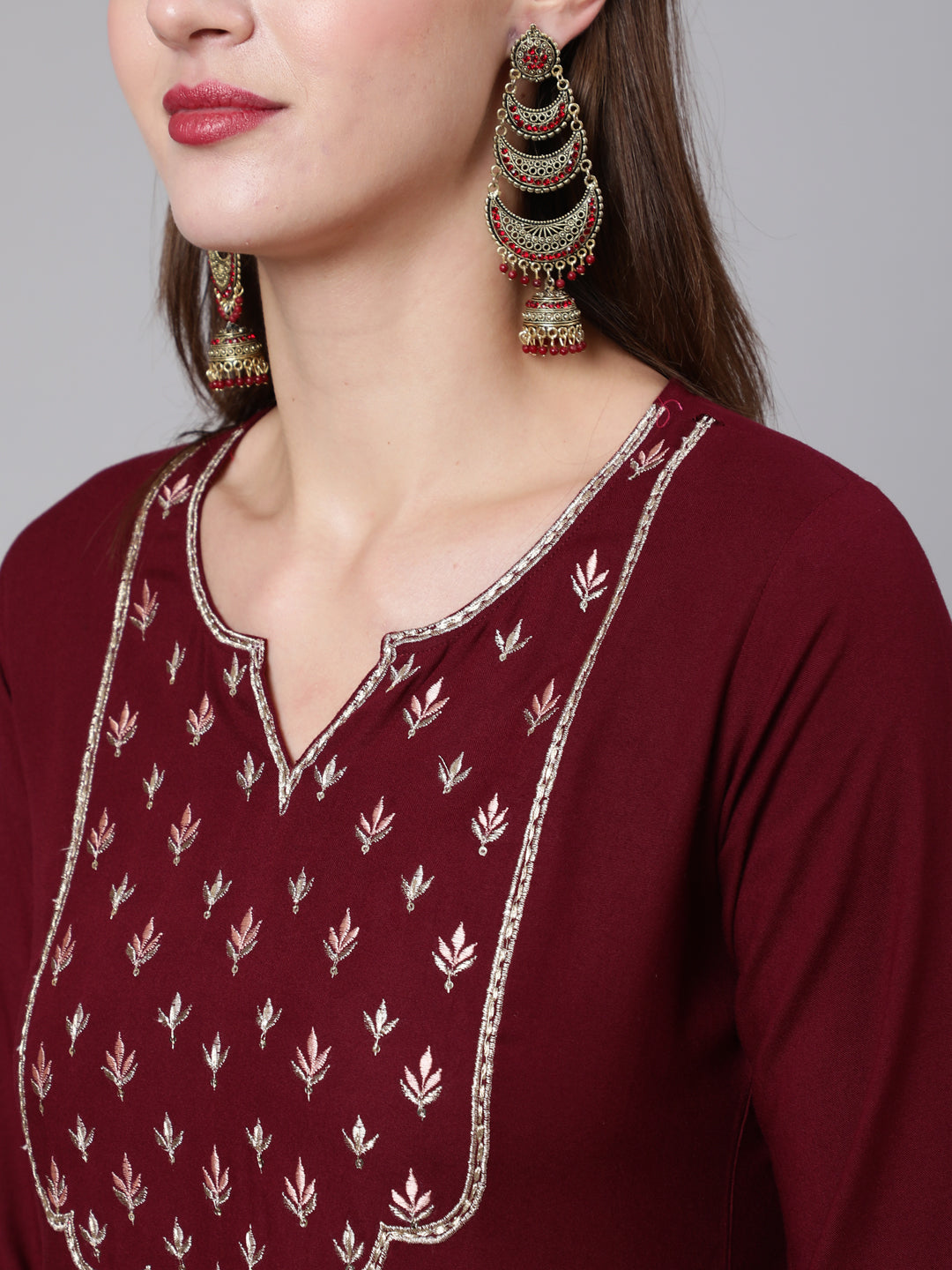 Women Burgundy Embroidered Kurta With Palazzo &  Dupatta | LASVINI - Redefining Indian Fashion with Elegance