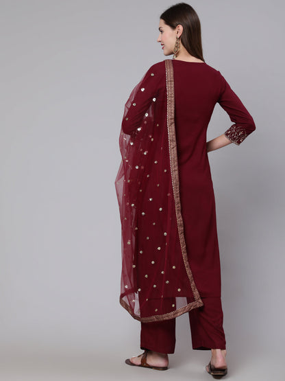 Women Burgundy Embroidered Kurta With Palazzo &  Dupatta | LASVINI - Redefining Indian Fashion with Elegance