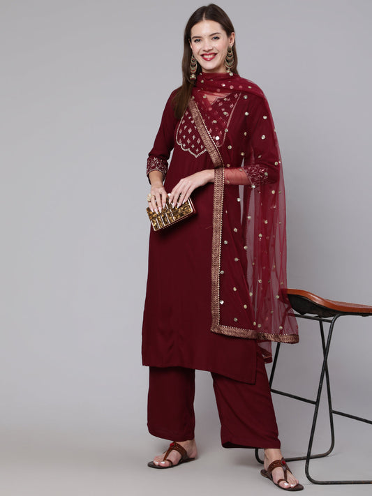 Women Burgundy Embroidered Kurta With Palazzo &  Dupatta | LASVINI - Redefining Indian Fashion with Elegance