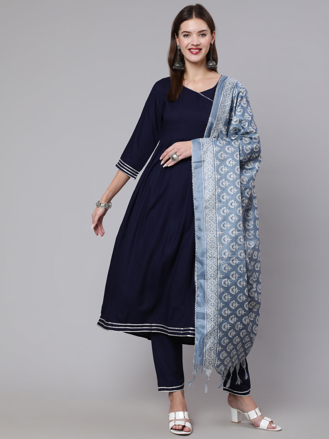 Women Navy Blue Solid Flared Kurta With Trouser And Dupatta | LASVINI - Redefining Indian Fashion with Elegance
