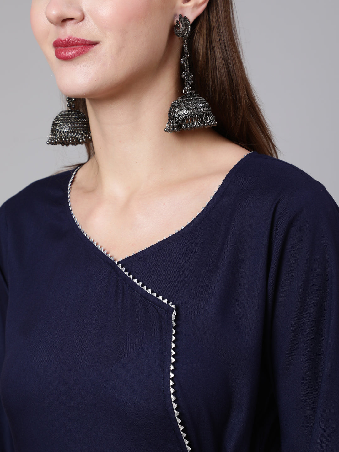 Women Navy Blue Solid Flared Kurta With Trouser And Dupatta | LASVINI - Redefining Indian Fashion with Elegance