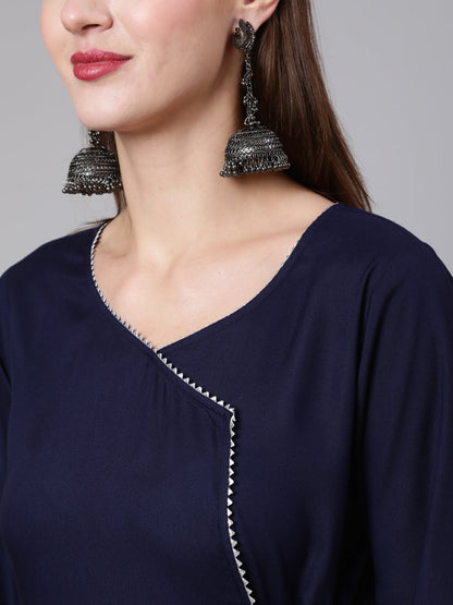 Women Navy Blue Solid Flared Kurta With Trouser And Dupatta | LASVINI - Redefining Indian Fashion with Elegance