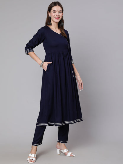 Women Navy Blue Solid Flared Kurta With Trouser And Dupatta | LASVINI - Redefining Indian Fashion with Elegance
