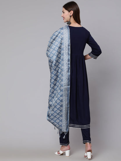 Women Navy Blue Solid Flared Kurta With Trouser And Dupatta | LASVINI - Redefining Indian Fashion with Elegance