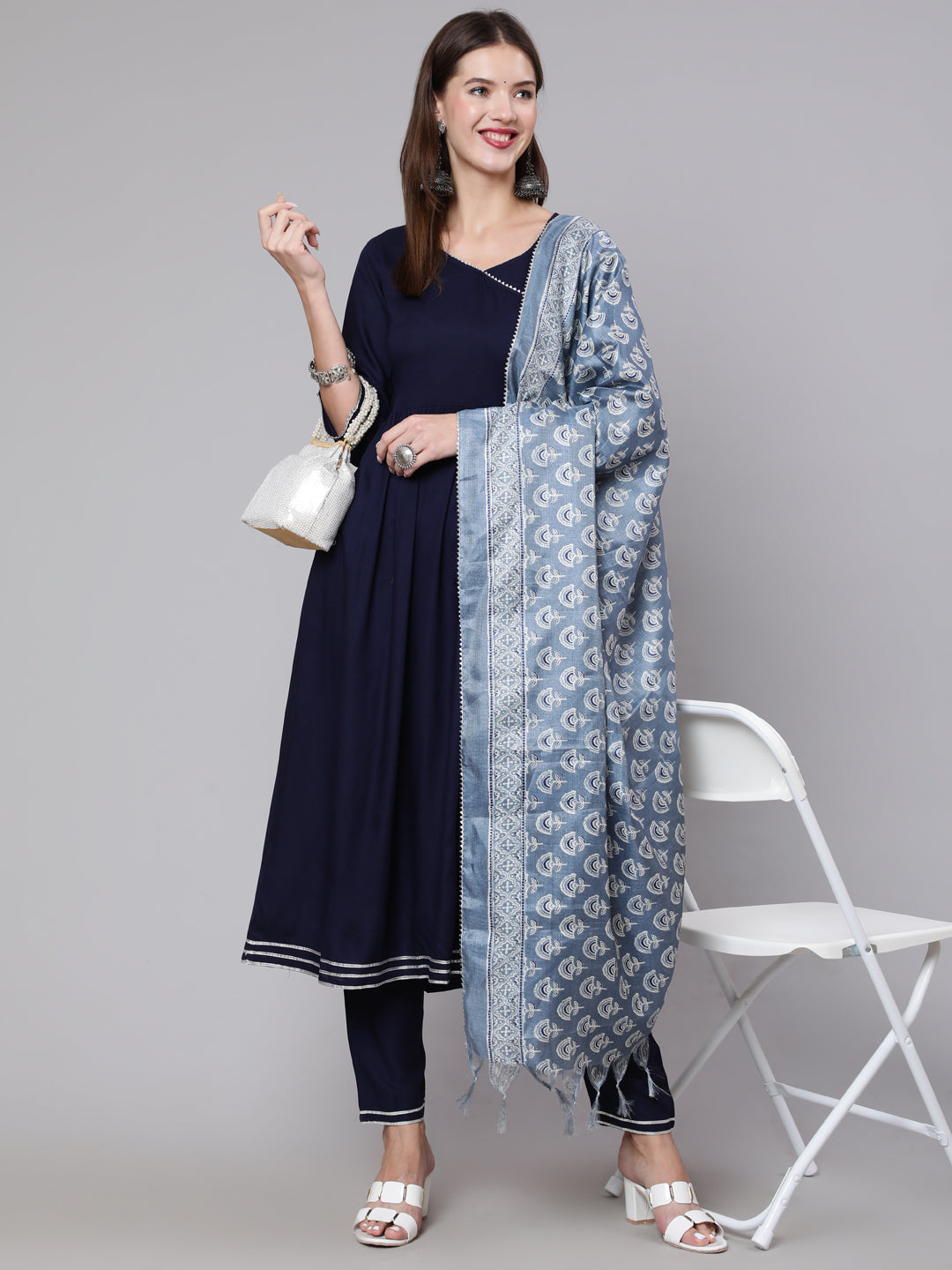 Women Navy Blue Solid Flared Kurta With Trouser And Dupatta | LASVINI - Redefining Indian Fashion with Elegance