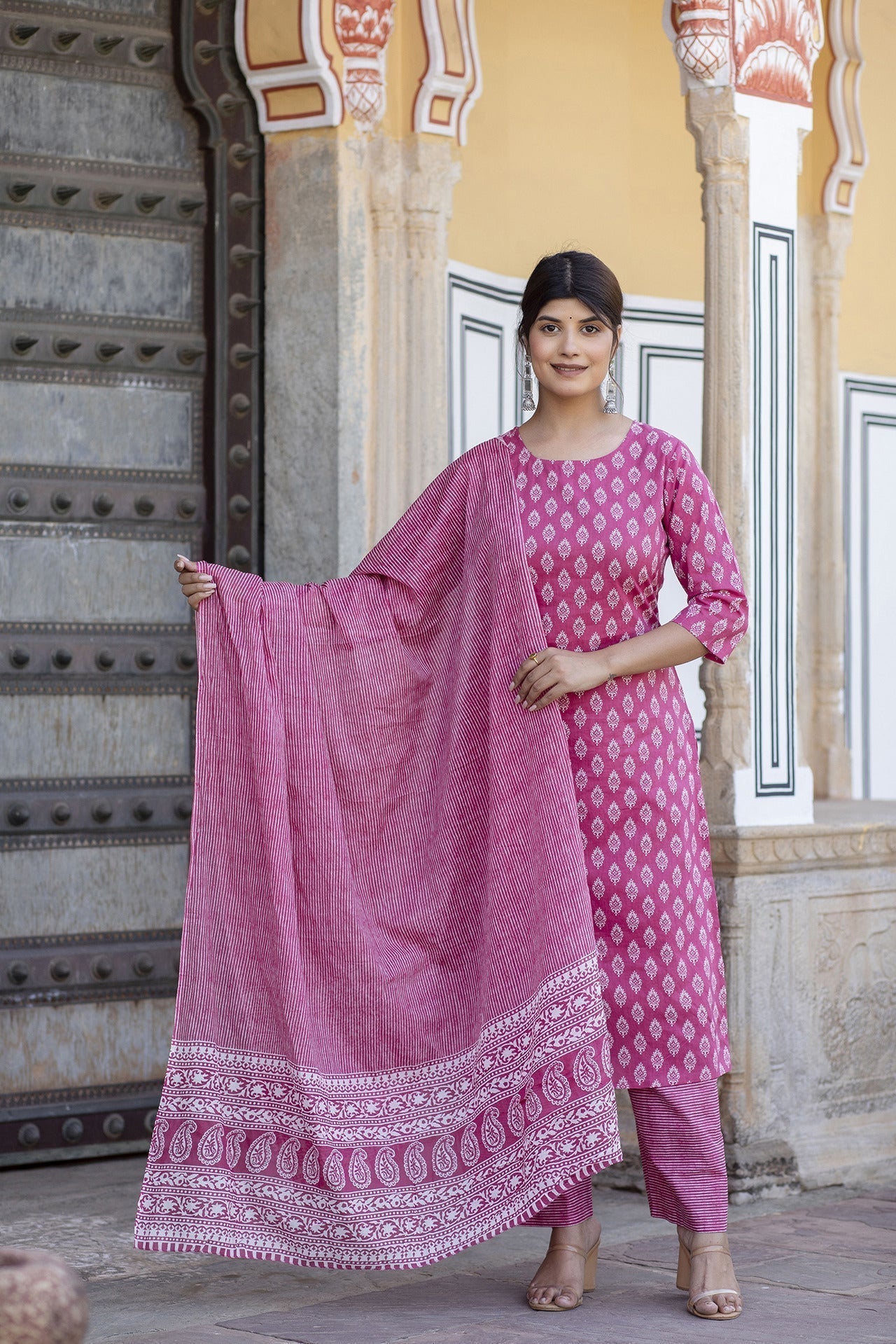 Women Pink Ethnic Printed Straight Kurta With Palazzo And Dupatta | LASVINI - Redefining Indian Fashion with Elegance