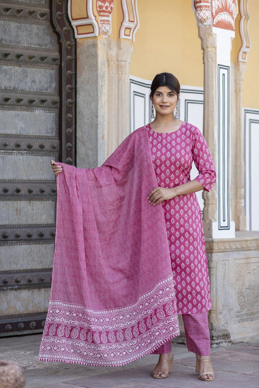 Women Pink Ethnic Printed Straight Kurta With Palazzo And Dupatta | LASVINI - Redefining Indian Fashion with Elegance