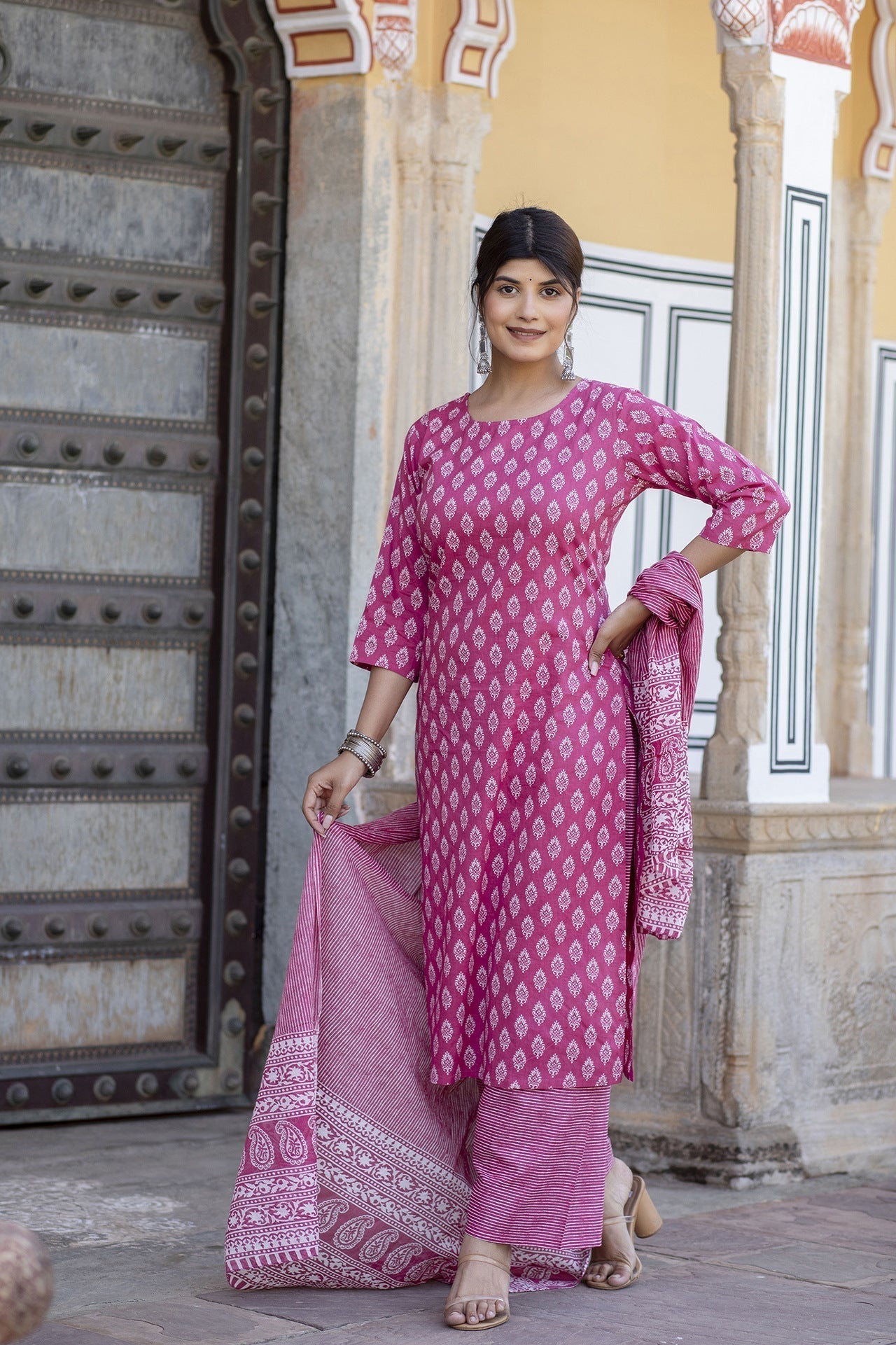 Women Pink Ethnic Printed Straight Kurta With Palazzo And Dupatta | LASVINI - Redefining Indian Fashion with Elegance