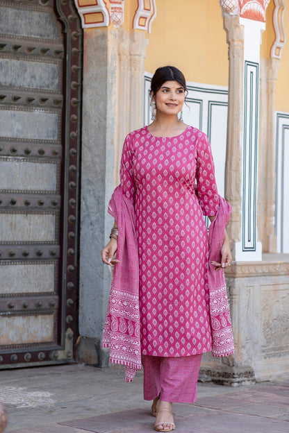 Women Pink Ethnic Printed Straight Kurta With Palazzo And Dupatta | LASVINI - Redefining Indian Fashion with Elegance