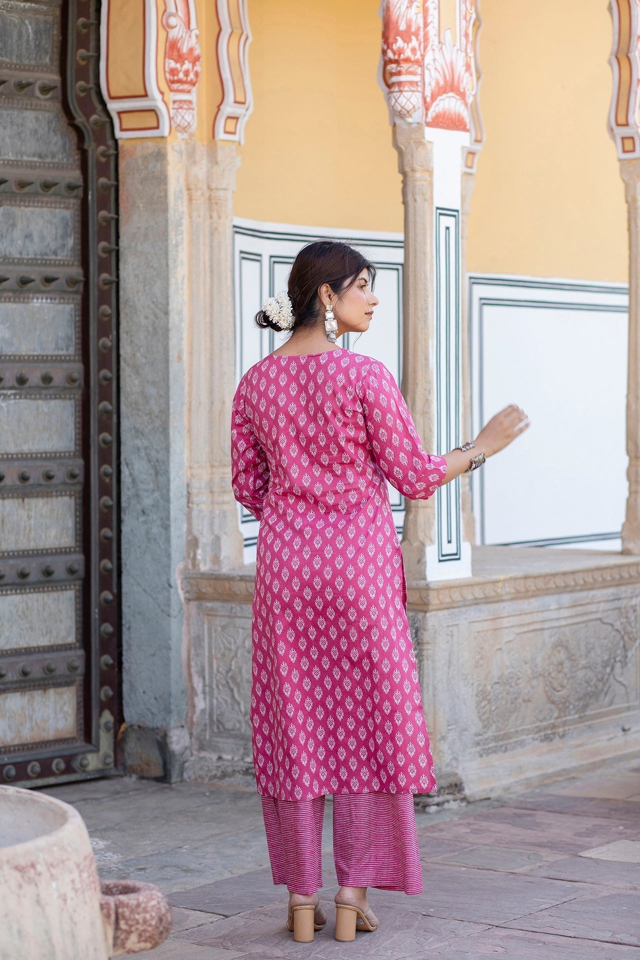 Women Pink Ethnic Printed Straight Kurta With Palazzo And Dupatta | LASVINI - Redefining Indian Fashion with Elegance