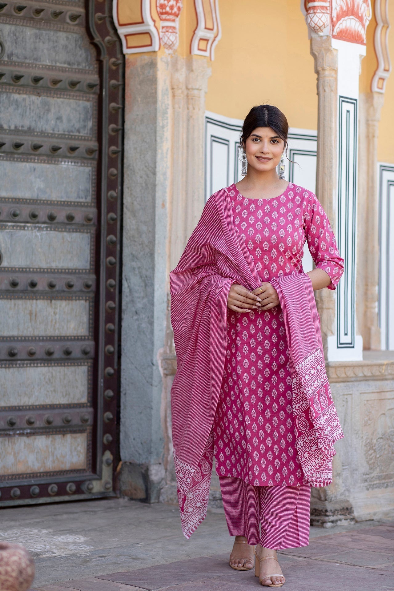 Women Pink Ethnic Printed Straight Kurta With Palazzo And Dupatta | LASVINI - Redefining Indian Fashion with Elegance