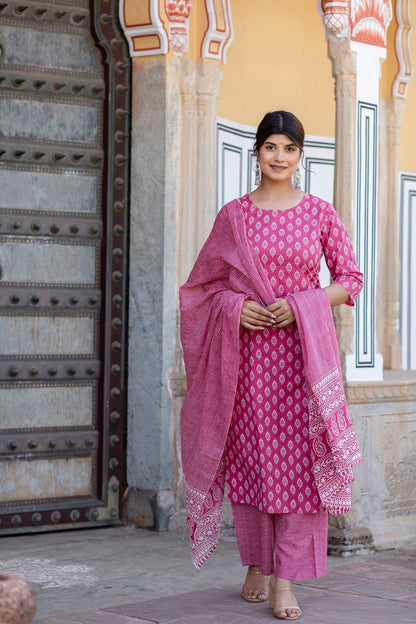 Women Pink Ethnic Printed Straight Kurta With Palazzo And Dupatta | LASVINI - Redefining Indian Fashion with Elegance