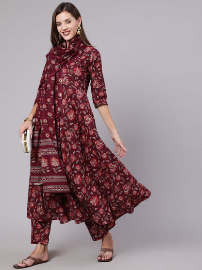 Women Burgundy Ethnic Printed Flared Kurta With Trouser And Dupatta | LASVINI - Redefining Indian Fashion with Elegance