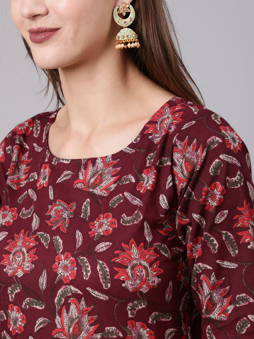Women Burgundy Ethnic Printed Flared Kurta With Trouser And Dupatta | LASVINI - Redefining Indian Fashion with Elegance