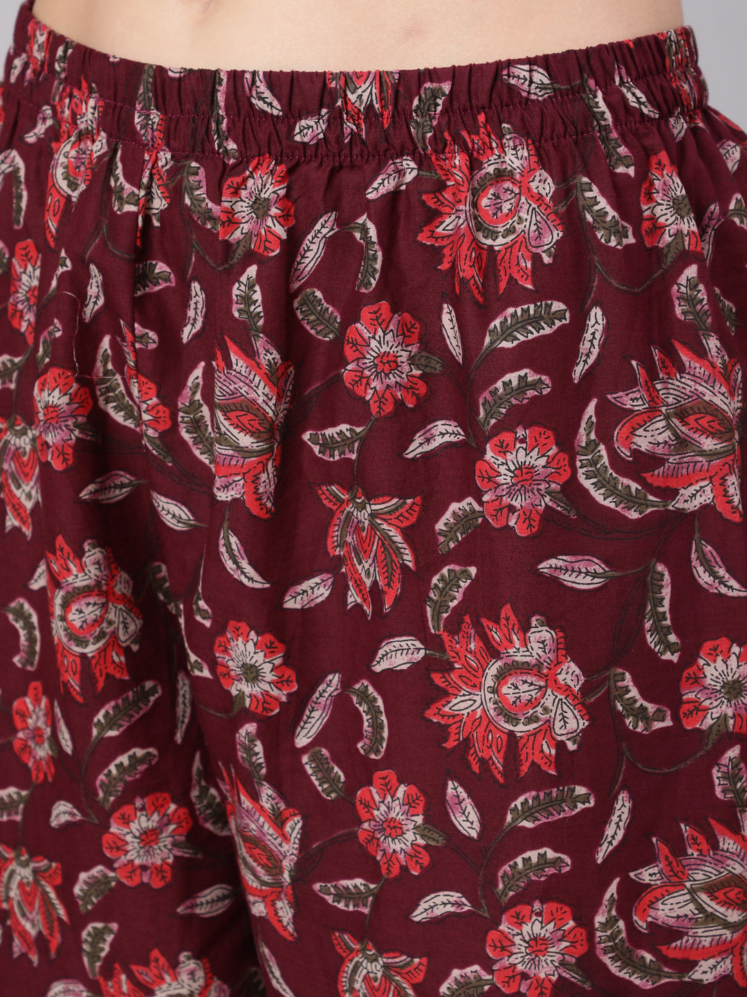 Women Burgundy Ethnic Printed Flared Kurta With Trouser And Dupatta | LASVINI - Redefining Indian Fashion with Elegance