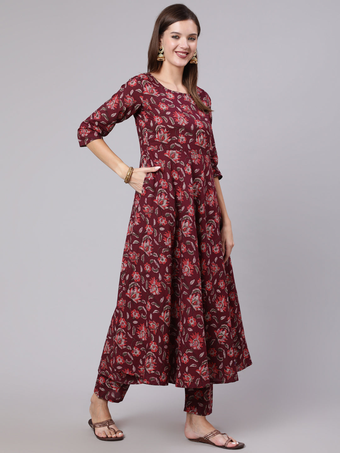 Women Burgundy Ethnic Printed Flared Kurta With Trouser And Dupatta | LASVINI - Redefining Indian Fashion with Elegance