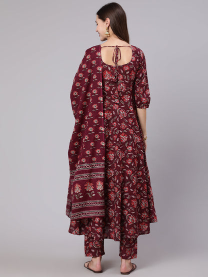 Women Burgundy Ethnic Printed Flared Kurta With Trouser And Dupatta | LASVINI - Redefining Indian Fashion with Elegance