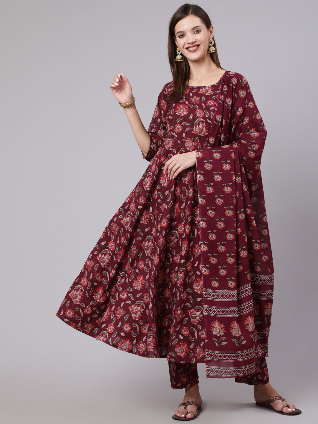Women Burgundy Ethnic Printed Flared Kurta With Trouser And Dupatta | LASVINI - Redefining Indian Fashion with Elegance