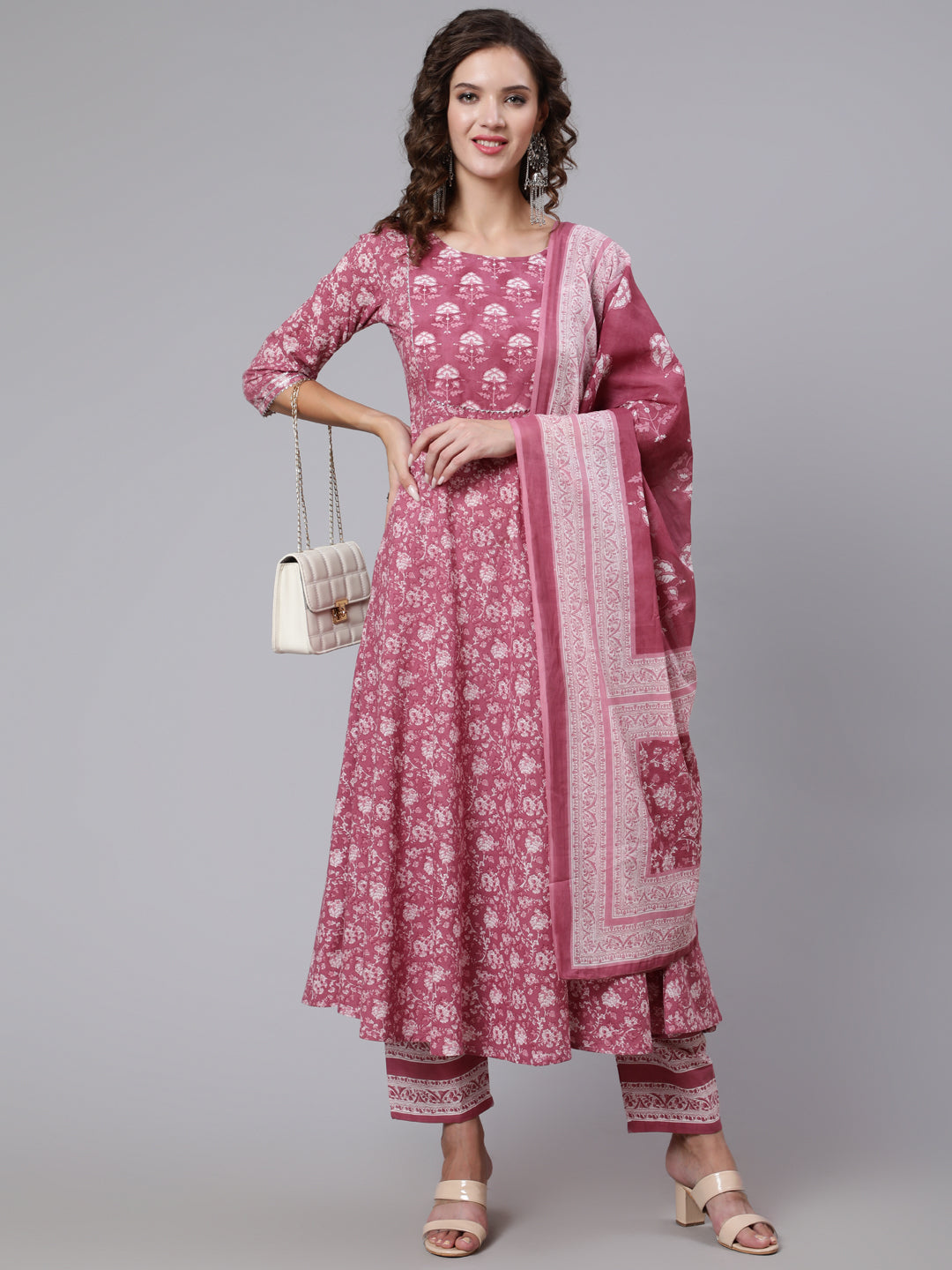 Women Pink Ethnic Printed Flared Kurta With Trouser And Dupatta | LASVINI - Redefining Indian Fashion with Elegance