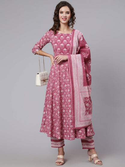 Women Pink Ethnic Printed Flared Kurta With Trouser And Dupatta | LASVINI - Redefining Indian Fashion with Elegance