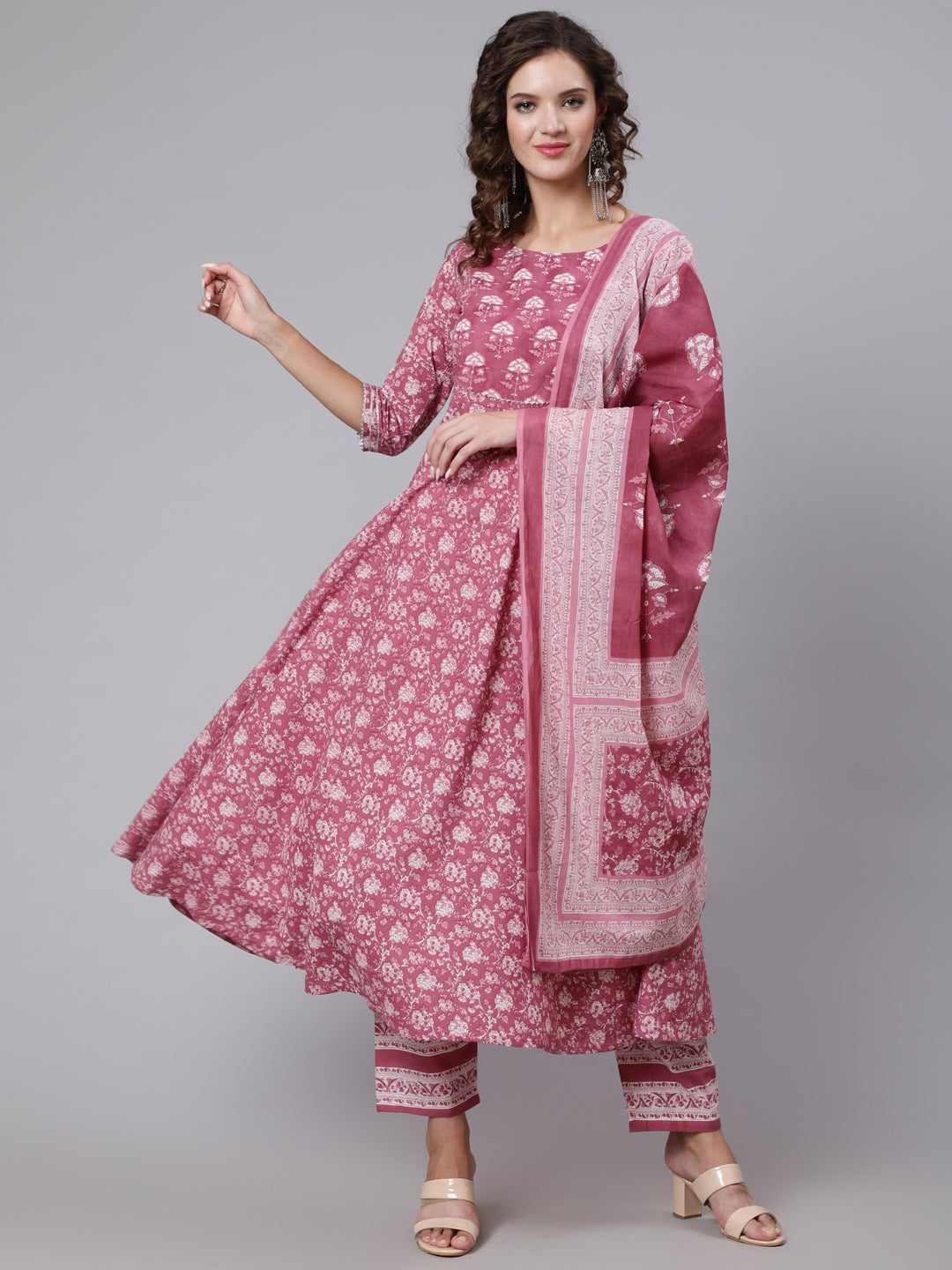 Women Pink Ethnic Printed Flared Kurta With Trouser And Dupatta | LASVINI - Redefining Indian Fashion with Elegance