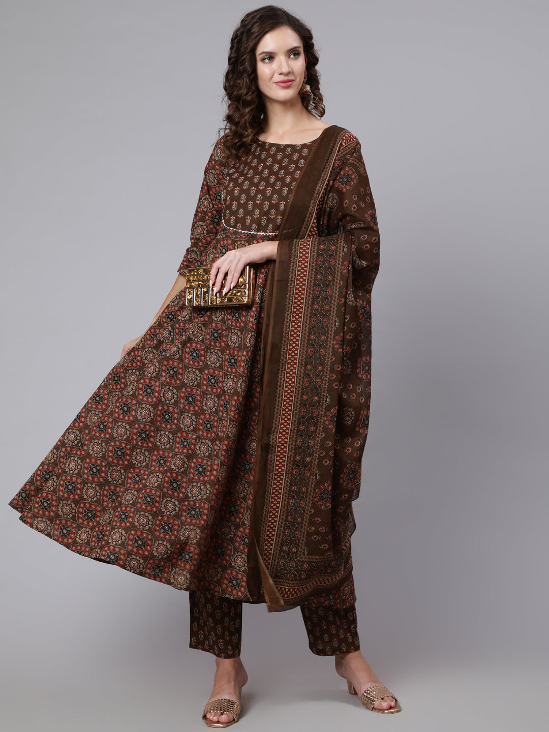 Women Brown Ethnic Motifs Yoke Design Pure Cotton Kurta With Trousers & With Dupatta | LASVINI - Redefining Indian Fashion with Elegance