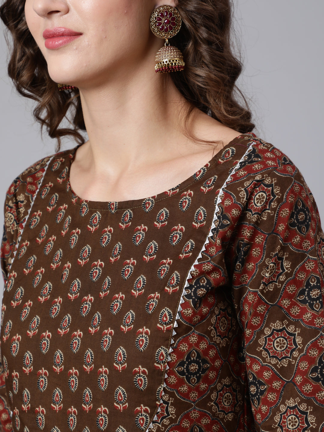 Women Brown Ethnic Motifs Yoke Design Pure Cotton Kurta With Trousers & With Dupatta | LASVINI - Redefining Indian Fashion with Elegance