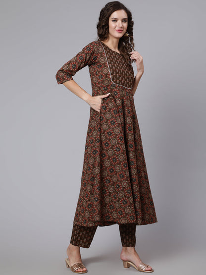 Women Brown Ethnic Motifs Yoke Design Pure Cotton Kurta With Trousers & With Dupatta | LASVINI - Redefining Indian Fashion with Elegance