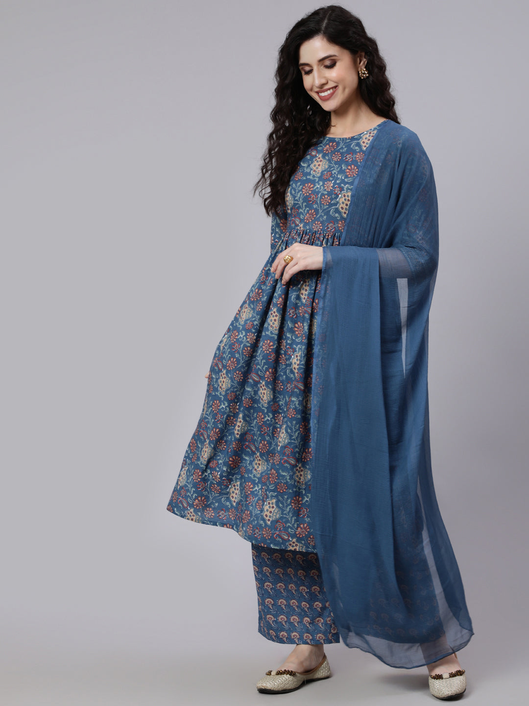 Women Blue Printed Flared Kurta With Palazzo And Dupatta | LASVINI - Redefining Indian Fashion with Elegance