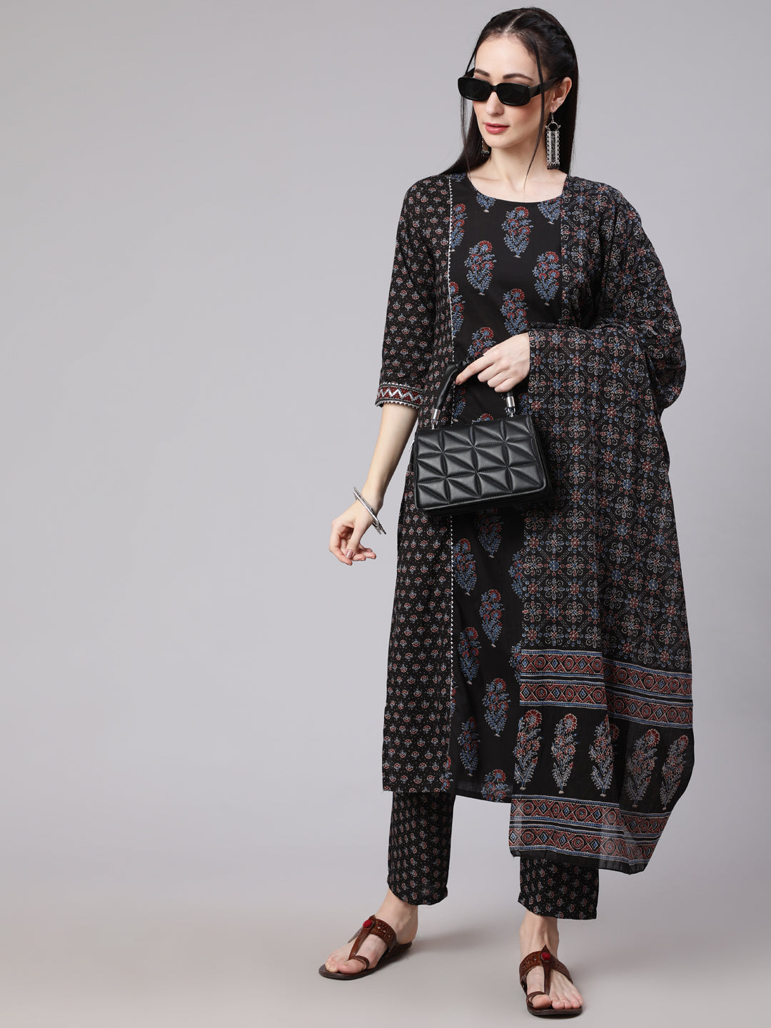 Women Black Ethnic Printed Kurta With Trouser And Dupatta | LASVINI - Redefining Indian Fashion with Elegance