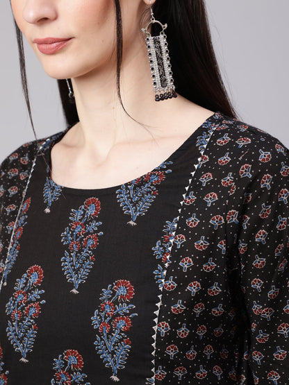 Women Black Ethnic Printed Kurta With Trouser And Dupatta | LASVINI - Redefining Indian Fashion with Elegance