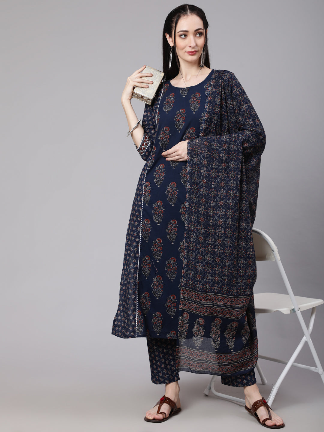 Women Blue Ethnic Printed Kurta With Trouser And Dupatta | LASVINI - Redefining Indian Fashion with Elegance